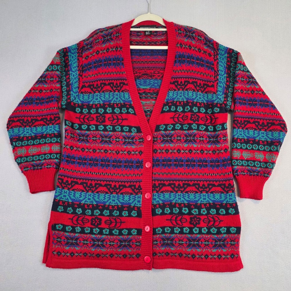 Vintage Fair Isle Flower Knit‎ Wool Blend Longline Cardigan Sweater Oversized Lg
